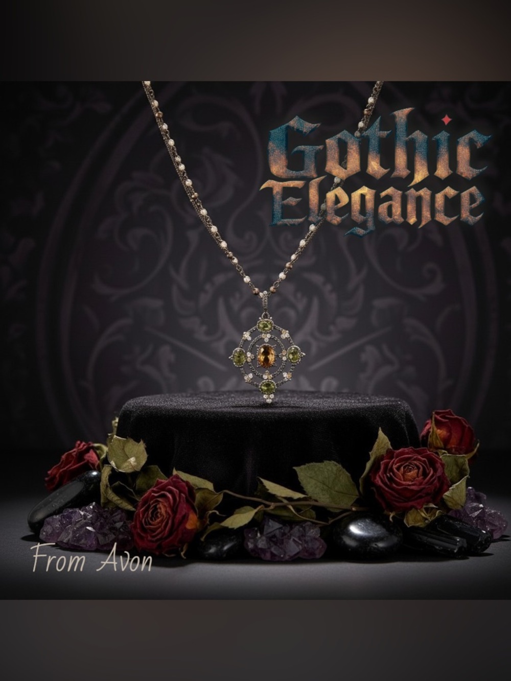 Vintage-Inspired Gothic Necklace - Amber & Peridot, Antique Bronze, Romantic